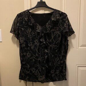 Cato Fashions Black Gray Floral Ruffle V-Neck Sheer Blouse Top Large RN# 37080